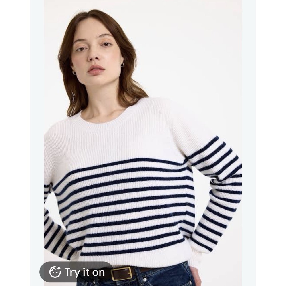Rachel Zoe 2 Ply Cashmere Striped Crewneck Sweater Cream Navy Blue XL Preppy
